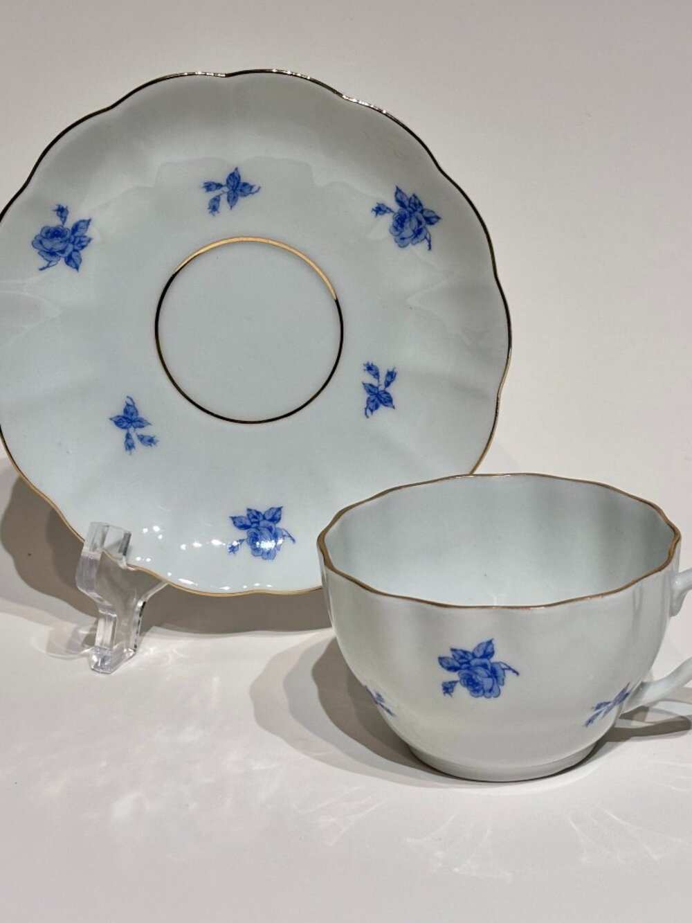 Vintage Arabia Finland Blue Roses Gold Accented Porcelain Teacup and Saucer Set